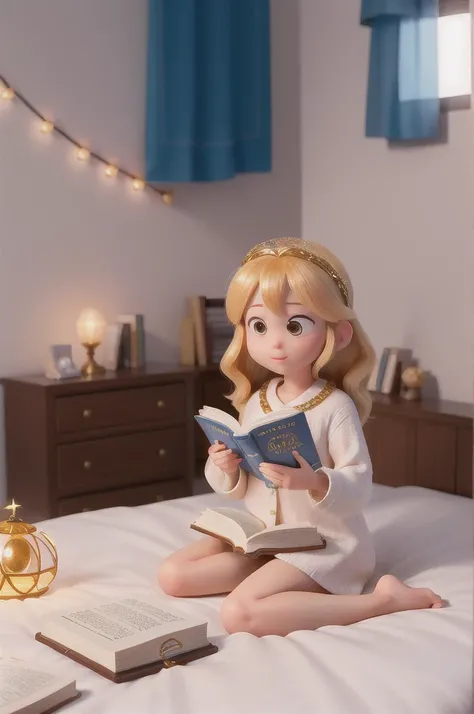 there is a with golden hair with beautiful and big brown eyes with white sparkles, she is in her room, while she is holding a book with a golden cover, she is sitting on the bed, and from the ((book emanates a blue light)) ((the book is magic))
