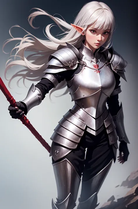 female elf knight, full body art, silver hair, white skin, red eyes, knight full plate armor adorned