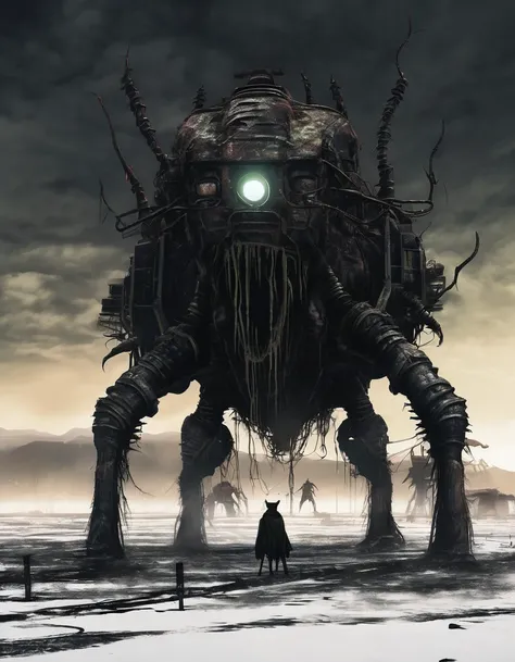 (dark biopunk horror), (gloomy biopunk creature), tall titanic twisted creature, terrible gigantic creature on a wastelands, faceless beast, (dark lighting), many shadows, cold lights