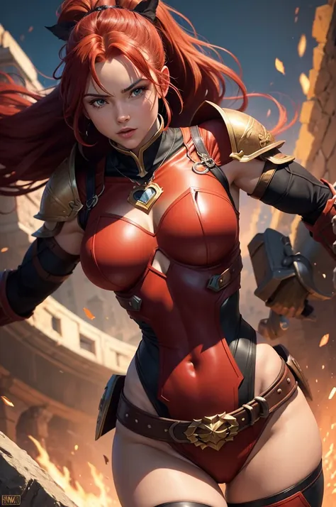 A muscular female warrior battle chasers nightwar red monika with red hair in a high ponytail, wearing a red and gold armored outfit. Her costume includes a form-fitting top and large shoulder guards, with a dark cloak around her neck. The background is da...