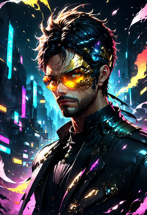 source_anime, 1boy, Adam Jensen, soldier, "Deus Ex", blindfold, covered eyes, eye patch, eye mask, solo, male focus, anime screenshot, source_anime, dramatic composition, cinematic dynamic action scene, vibrant colors, cinematic lighting, dramatic lighting...