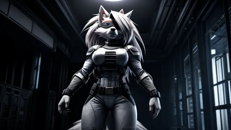 Loona from Helluva Boss, female white wolf, short white hair, blindfold, white combat military armor suit, adult, muscular, standing, dark lighting, extremely detailed, solo, beautiful, high quality, 4K