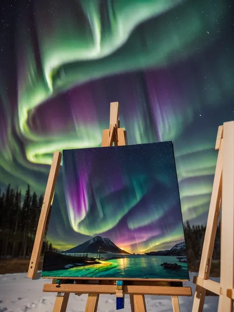 Create a Northern Lights-themed piece of art on a small-sized canvas on an easel and table filled with paints the same color as the canvas and brushes