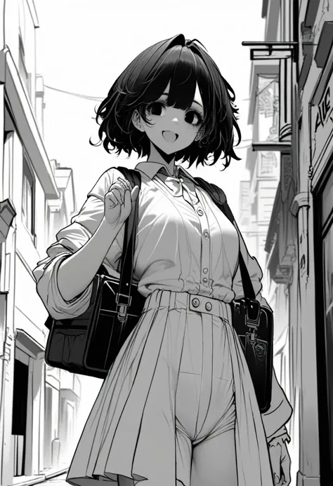 ​masterpiece, best quality 1girl, dishwasher1910, grayscale, style: manga, black eyes, street, iced, black hair, schoolbag, smile, lineart, white background
