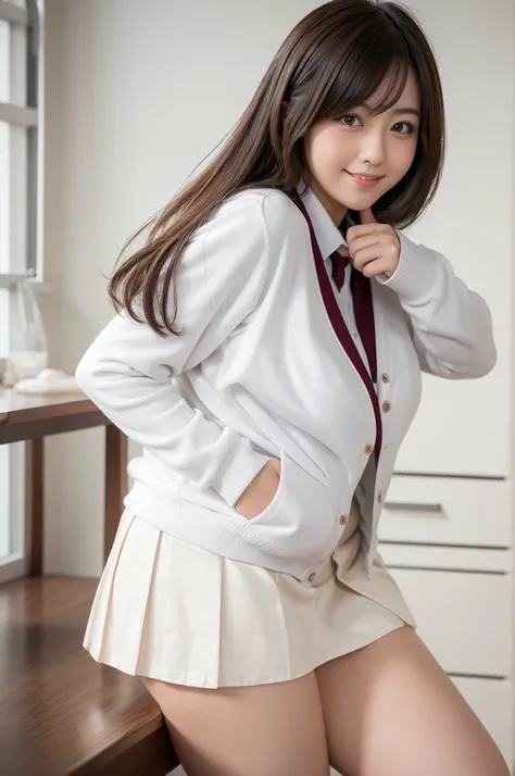 white dress shirt,school cardigan,(short school skirt),adult body,japanese female,thick thighs,seductive cute face,tender smile,,(from below),