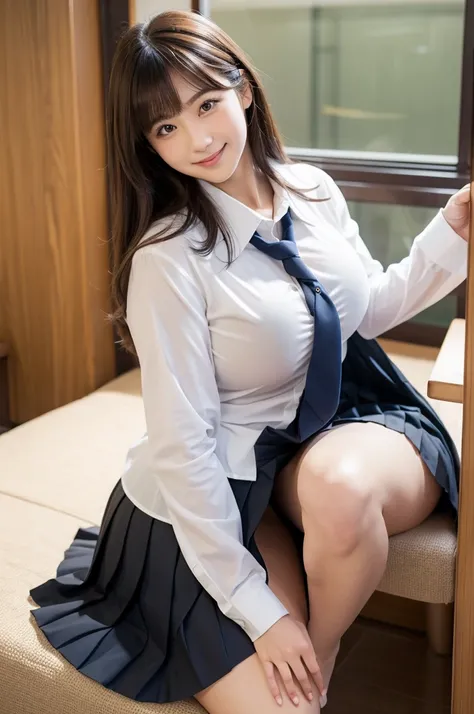 dress shirt,school cardigan,(short pleated school skirt),adult body,japanese female,thick thighs,seductive cute face,tender smile,(upskirt)