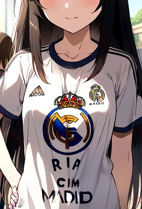 anime girl with bangs and long hair wearing a Real Madrid T-shirt