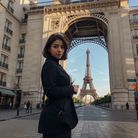 Susana Ferreira Abril is in front of the majestic Eiffel Tower in Paris, the city&#39;s icon stands imposingly under the clear blue sky. Susana Ferreira Abril is surrounded by elegant cafes and plane trees lining the street, creating a picturesque setting.