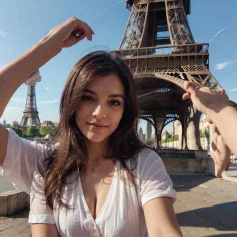 Susana Ferreira Abril is in front of the majestic Eiffel Tower in Paris, the city&#39;s icon stands imposingly under the clear blue sky. Susana Ferreira Abril is surrounded by elegant cafes and plane trees lining the street, creating a picturesque setting.