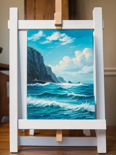 Create a sea-themed piece of art on a small-sized canvas on an easel 