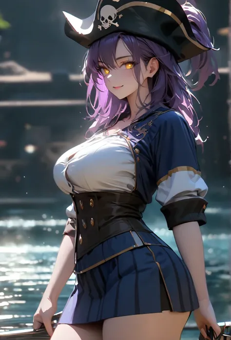 (solo), purple hair, messy hair, mane hair, medium hair, dense hair, wild hair, expressive hair, mature,(25 year old), pale skin, yellow eyes, ((Female)), beatiful girl, wearing a purple pirates outfit, captin pirate hat, blue skirt, rolled up sleeves, bea...