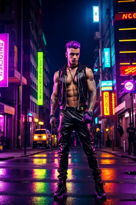 Cyberpunk, Male, attractive male, athletic, sex worker, cyberpunk sex worker, street worker, cyberpunk street worker, bright and colorful clothing, male sex worker, no female in focus, tight clothing, see through clothing, flashy clothing, only one male