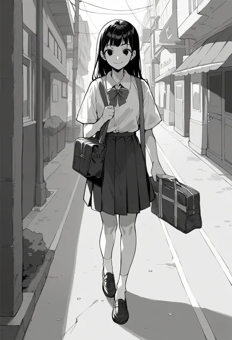 ​masterpiece, best quality 1girl, grayscale, style: manga, black eyes, street, iced, black hair, schoolbag, smile, lineart, white background
