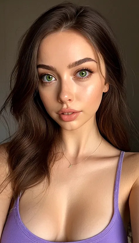 Afared Full Woman, with green eyes, Nude, Ultra realistic, Meticulously detailed, portrait of Sophie Mudd, Brunette hair and Big Eyes, Selfie of a young woman, Bedroom eyes, Violet Myers, No Makeup, Natural Makeup, Looking directly at the camera, face artg...