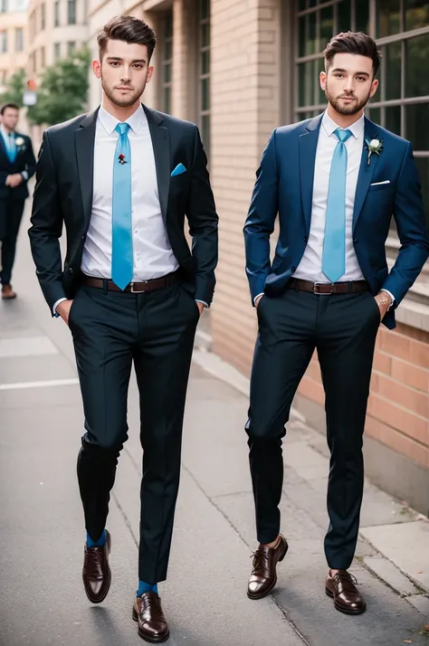 Groomsman wedding black pants, blusa branca, baby blue tie and brown sneakers 