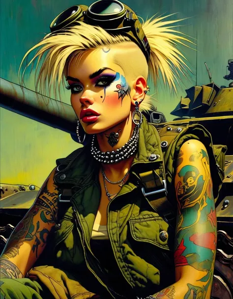 tank girl character, punk, blonde, with piercings, wearing military helmet, sitting on a tank, (best quality, 4k, 8k, high resolution, masterpiece: 1.2), ultra detailed, (realistic, photorealistic, photorealistic: 1.37) , oil painting, art inspired by Skot...