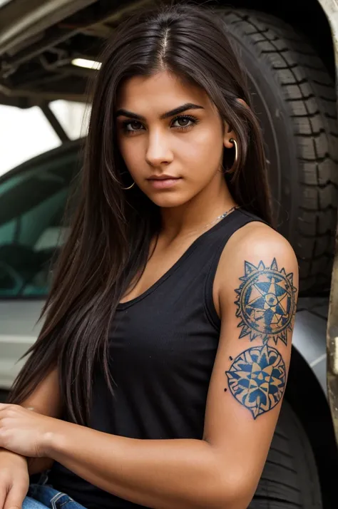 A tough-looking college-age girl with dark brown messy hair, and fair skin, has a nose piercing, an eyebrow piercing, three ear piercings in both ears, tattoos on her arm, and works as a mechanic