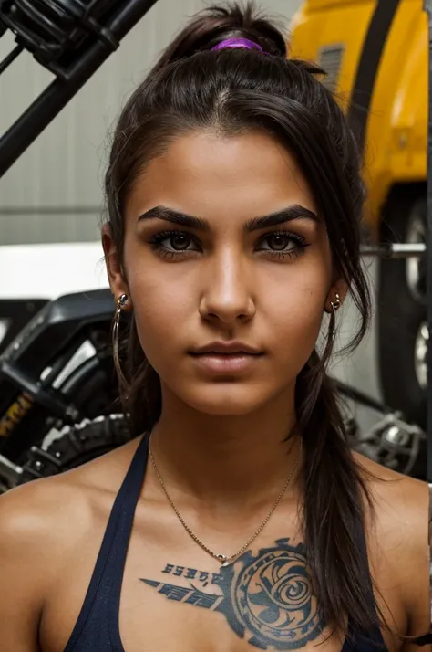 A tough-looking college-age girl with dark brown messy hair, and fair skin, has a nose piercing, an eyebrow piercing, three ear piercings in both ears, tattoos on her arm, and works as a mechanic