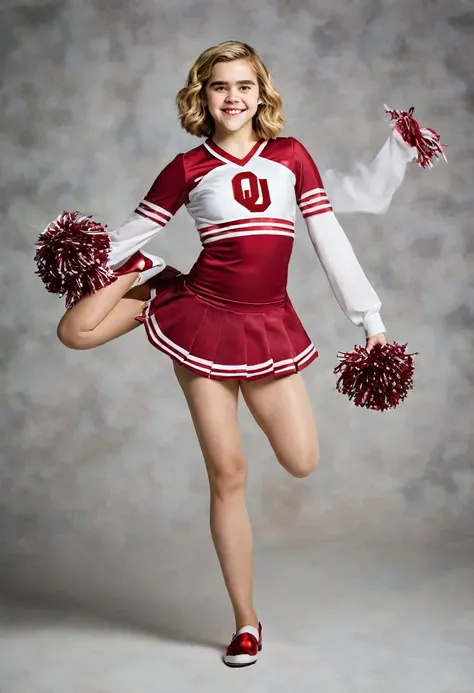 1girl, Kiernan Shipka, full length portrait University of Oklahoma cheerleader uniform sheer shimmering silky shiny tan pantyhose by Leggs 5 inch scarlet high heels holding pompoms cheering in a studio photo shoot 