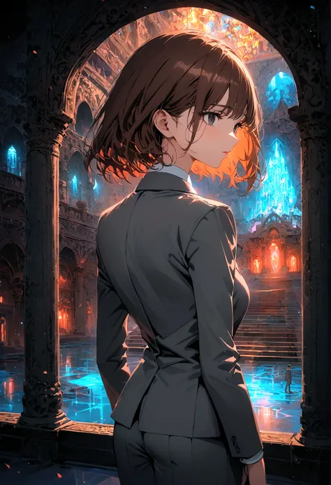 A woman with long brown hair, black eyes, in a gray suit, her back turned half her face, stood alone in the middle of the palace at night.