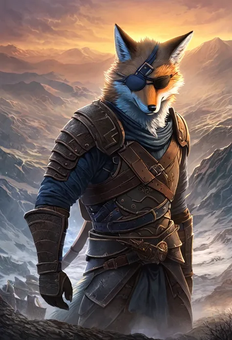 ((Masterpiece)), ((Best Quality)), (Very Detailed), ((Very Detailed)), 4K, (8K), very aesthetic, absurdres highres, 1male, anthropomorphic fox, furry, kemono, In the midst of a foggy battlefield at dawn, a battle-hardened warrior with a black leather eyepa...