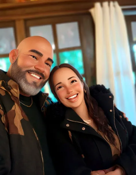 casal sorridente em frente a uma janela com uma janela grande, , casal feliz, imagem de alta qualidade, dia.