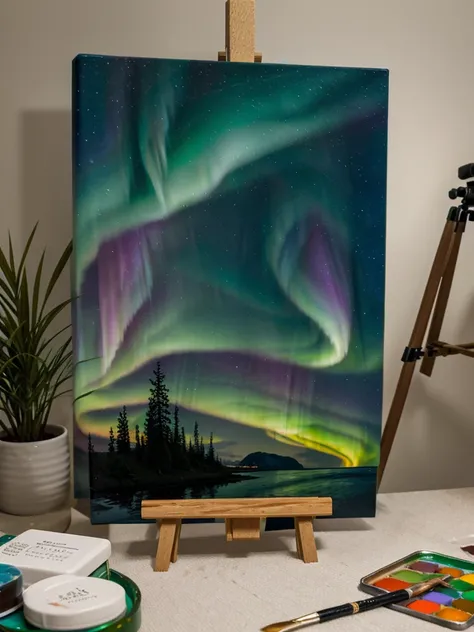 Create a Northern Lights-themed piece of art on a small-sized canvas on an easel and table filled with paints the same color as the canvas and brushes