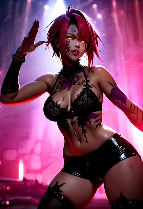 girl, rotting zombie warrior, lulu ffx, evil look, sexy, sheer lace bra, medium saggy breasts, demonic tightlace panty shorts, pubic hair, curvy hips, facepaint, bodypaint, glowing eyes, combat stance, vibrant appearance, creative sexual behavior, imaginat...