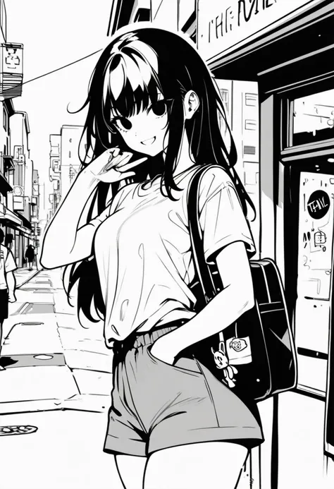 ​masterpiece, best quality 1girl, grayscale, style: manga, black eyes, street, iced, black hair, schoolbag, smile, lineart, white background, white shirt, grey shorts
