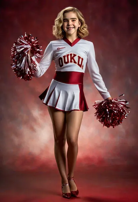 1girl, Kiernan Shipka, full length portrait, University of Oklahoma cheerleader uniform, sheer shimmering silky shiny tan pantyhose by Leggs, 5 inch scarlet high heels, holding pompoms, cheering, studio photo shoot, photorealistic, 8K, award winning photog...