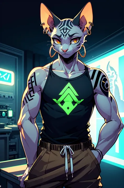 a male sphinx cat with white skin and black tattoos on his arms, white eyes, ear piercings, wearing baggy green t-shirt with bag...