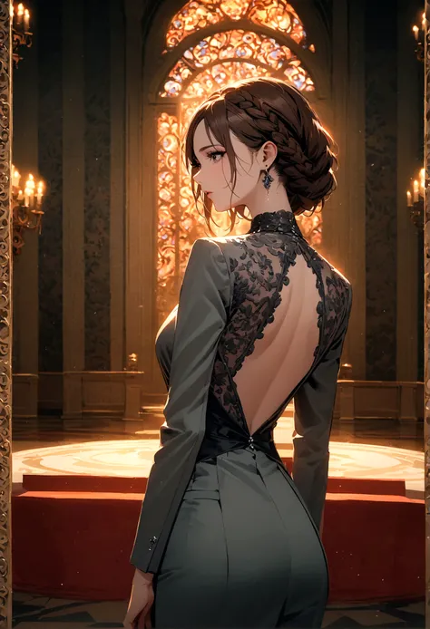 A woman with brown braided hair, black eyes, a gray suit, her back turned half her face, standing alone in the middle of the palace at night.