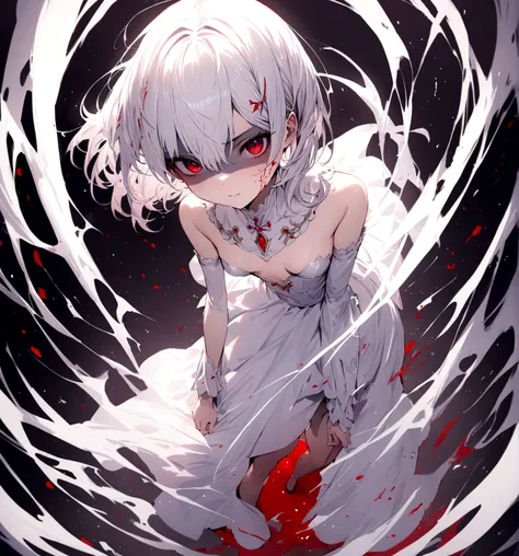 ((masterpiece,Highest quality)),One girl,Beautiful attention to detail, Detailed face, (whole body:1.2), Long white hair, Red eyes,Small breasts, (Black background:1.2), Blood particles, Shaded face 