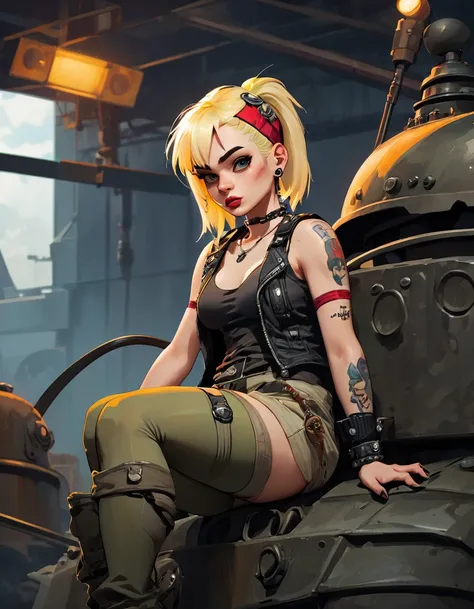 tank girl character, punk, blonde, with piercings, wearing military helmet, sitting on a tank, (best quality, 4k, 8k, high resolution, masterpiece: 1.2), ultra detailed, (realistic, photorealistic, photorealistic: 1.37) , oil painting, art inspired by Skot...