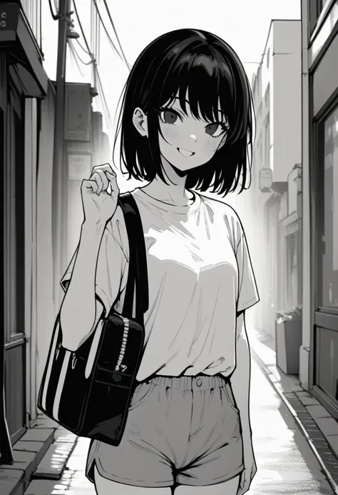 ​masterpiece, best quality 1girl, grayscale, style: manga, black eyes, street, iced, black hair, schoolbag, smile, lineart, whit...