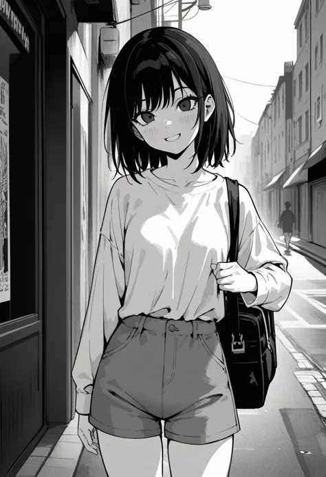 ​masterpiece, best quality 1girl, grayscale, style: manga, black eyes, street, iced, black hair, schoolbag, smile, lineart, whit...