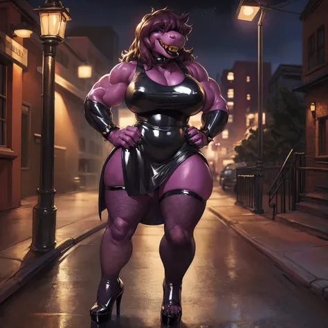 solo, 1girl, susie, susie deltarune, female, milf, older, (huge breasts:1.1), wide hips, (big bottom lip:1.3), (black lip gloss:1.3), black leather collar, blue eyeshadow, curvy, (black dress:1.3), (black latex dress:1.6), (thighs exposed), (nipple outline...