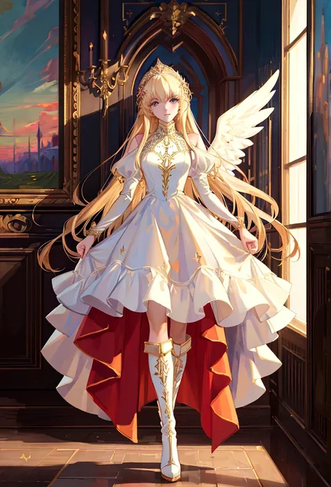 arafed, a picture of a female angel in high society prom event, divine beautiful female angel, blond hair, long hair, flowing ha...