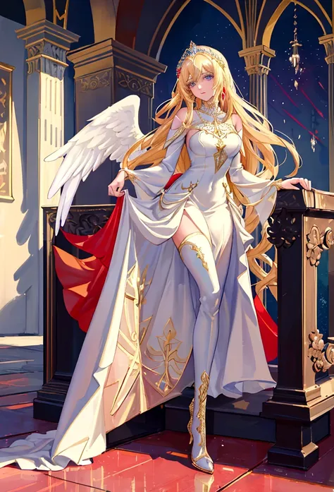 arafed, a picture of a female angel in high society prom event, divine beautiful female angel, blond hair, long hair, flowing ha...