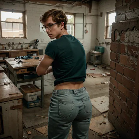 A young teen boy in loose fitting jeans pants and a loose t-shirt from behind, Black nerdy glasses, Sexy pose, Bent
forward, Looks worried and concerned, Young, Teen, Ginger hair, Curly hair, Dark green eyes, Tan skin, Freckles, Small nose,  Slender body,...