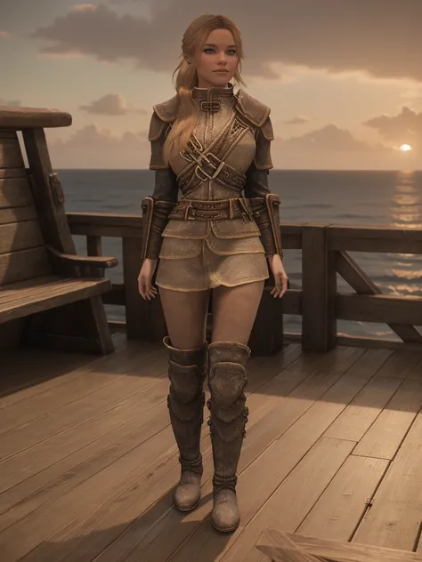 closeup shot of a stunning female breton maiden stands poised on the weathered deck of a majestic ship at sunset in skyrim. her ...