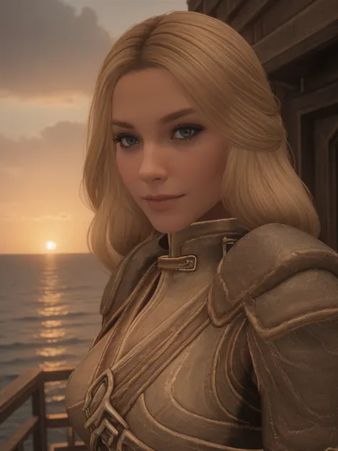 closeup shot of a stunning female breton maiden stands poised on the weathered deck of a majestic ship at sunset in skyrim. her ...