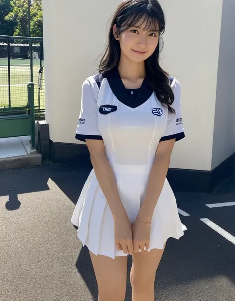 nswf,(wearing ,tennis uniform:1.3),{{{{see through:1.7}}}},{{tennis uniform are wet with water}},{erect nipples:1.5},full body shot,Top quality, 1 beautiful Japanese woman, teen,high school student,(18 years old),medium hair, (Black hair:1.2), Ultra-realis...