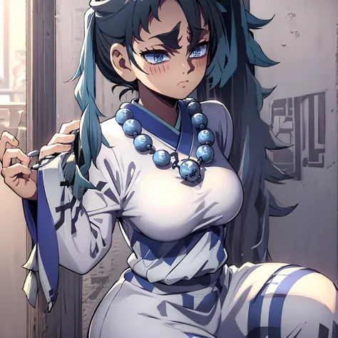 topknot, light blue hair, white clothes, pelvic curtain, bead necklace, beads, japanese clothes, [[large breasts]], short ponyta...