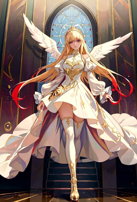 arafed, a picture of a female angel in high society prom event, divine beautiful female angel, blond hair, long hair, flowing ha...