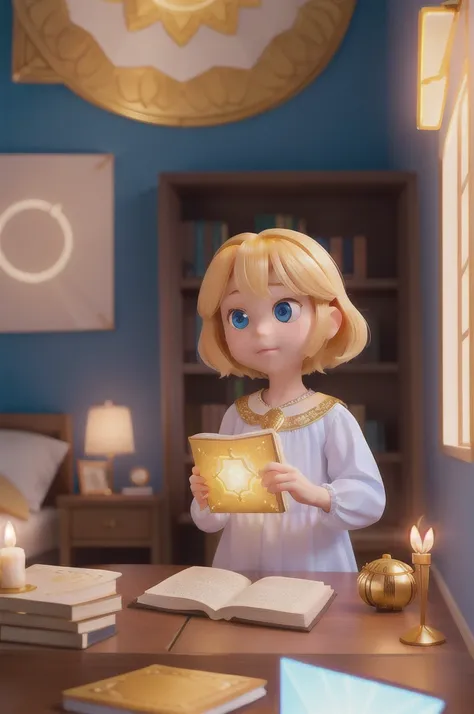 there is a with golden hair with beautiful and big brown eyes with white sparkles, she is in her room, while she is holding a book with a golden cover, she is sitting on the bed, and from the book emanates a golden light (( the book is magic)) the blue lig...