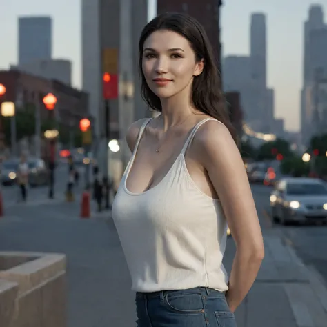 ((Grace Caroline Currey) ,Grace Fulton, Grace Currey, a woman with brown ,she stands outside in a city, high quality refelctions, volumetric lighting, she is wearing a white tanktop that is tugged into her jeans, 1 girl solo, cinematic lighting, high resol...