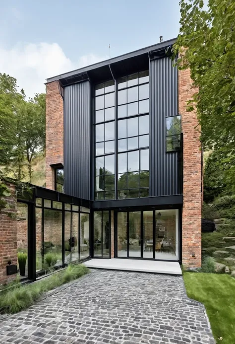 imagine an industrial house with different levels, with a glass wall divided by a massive black iron structure, a wall with engl...