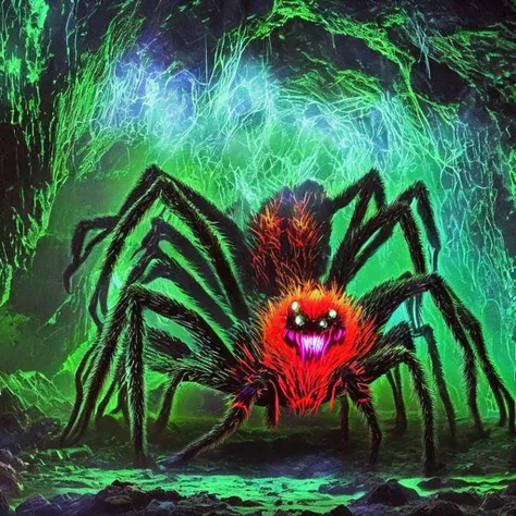 spider monster, glowing crystals on the back, horror, scary, horror, hairy paws, dark, in a cave.