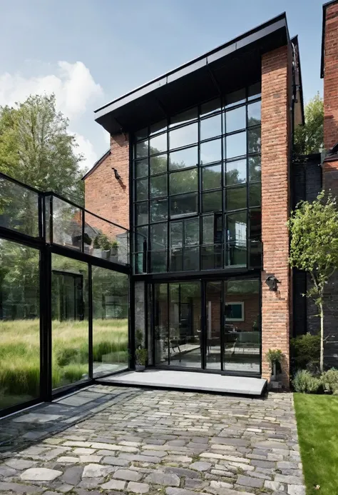 imagine an industrial house with different levels, with a glass wall divided by a massive black iron structure, a wall with engl...